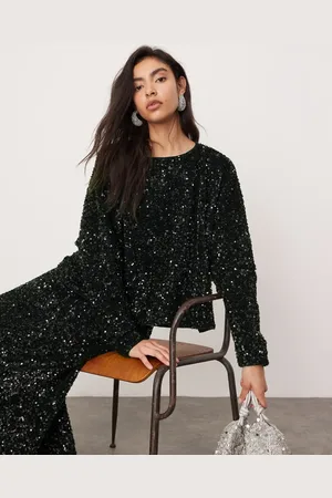 ASOS Velvet all over sequin long sleeve slouchy top in (part of a set)-Blue