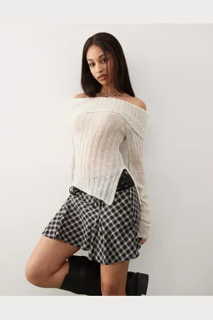 Monki Long sleeve off the shoulder knit top in light -Neutral