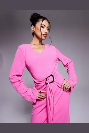 DASKA Long sleeve maxi dress with fluted hem and belt detail in -Red