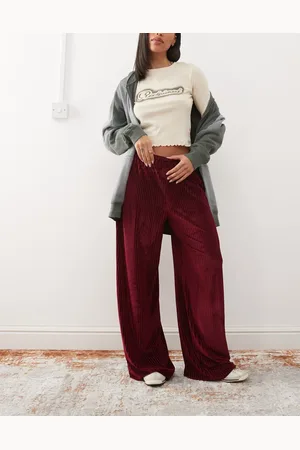 Reclaimed Velour cord rib wide leg pants in -Red