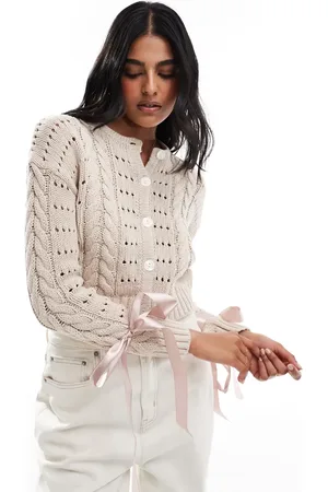 Cotton On Cotton On crew neck cardigan with bow details in -Neutral