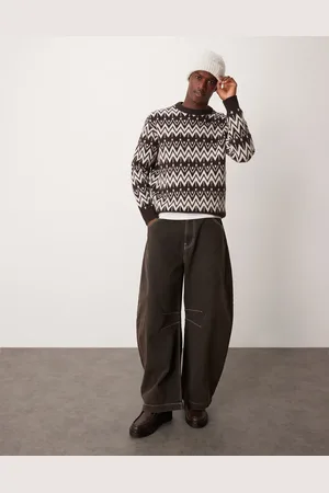SELECTED Crew knitted jumper in cream brown pattern