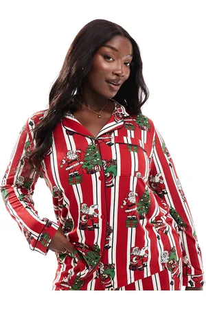 Chelsea Peers Curve poly Christmas His & Hers long sleeve revere shirt and pants pyjama set in vintage santa stripe print