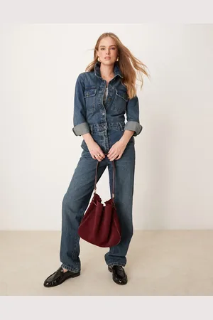 JDY Long sleeve denim jumpsuit in mid wash blue
