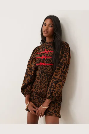 Neon Rose Print shirred ribbon detail mini dress in brown