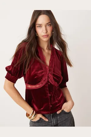 Never Fully Dressed Lace velvet puff sleeve top in burgundy-Red