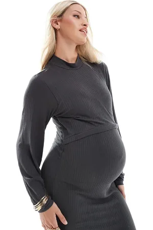 Mama;licious Mamalicious Maternity long sleeve jersey midi dress in grey