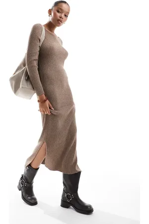 ONLY Boat neck ribbed midaxi dress in -Neutral