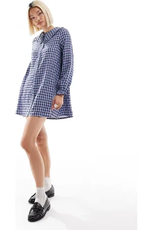 Daisy Street Gingham shift smock dress with ruffle collar-Blue
