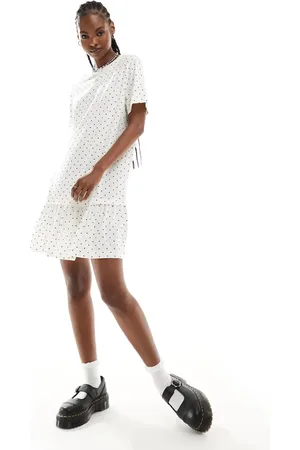Monki Jersey mini dress with drop waist in white and black polka dot print