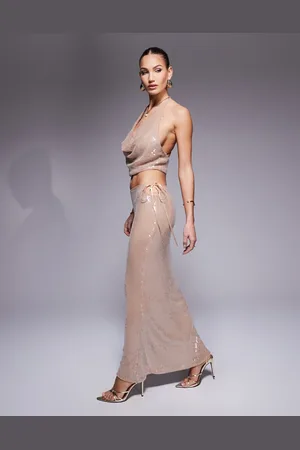 Missyempire Missy Empire low rise maxi skirt in cream glazed sequin (part of a set)-Neutral