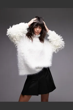 Topshop Knitted extreme texture contrast oversized roll neck jumper in -White