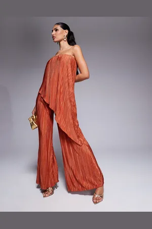ASOS Plisse bandeau wide leg jumpsuit in -Brown