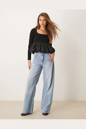 Glamorous Square neck long sleeve top with puffball hem in black polka dot