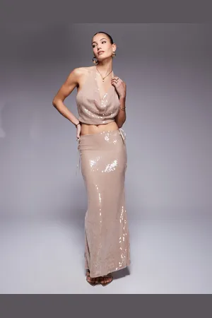 Missyempire Missy Empire extreme cowl front halter crop top in cream glazed sequin (part of a set)-Neutral