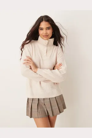 JDY Button detail high neck knitted jumper in -Neutral