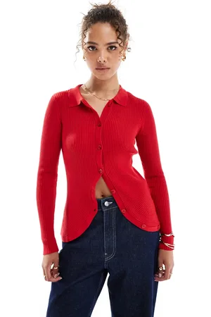 VERO MODA Ribbed knit polo top with curved hem in red