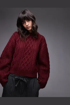 Topshop Knitted curved sleeve cable oversized jumper in -Red
