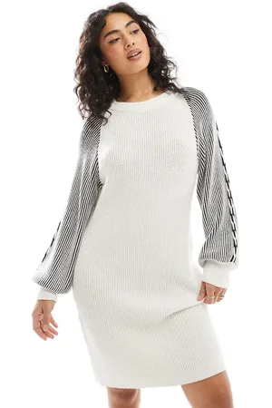 Object Chunky rib knitted mini dress in cream-Black