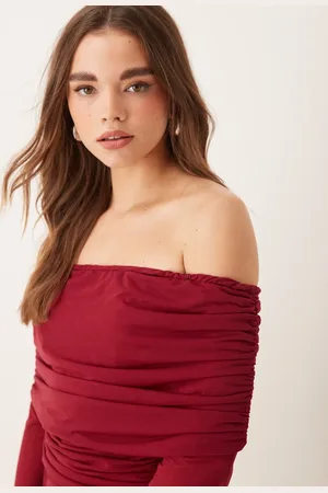 Never Fully Dressed Ruched mesh bardot top in -Red