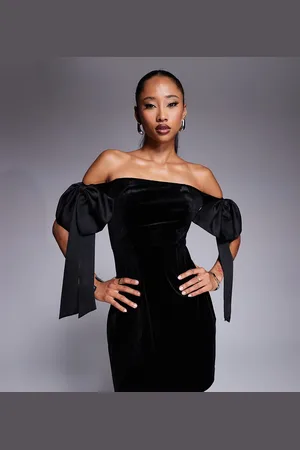 Kaiia X Sasha Corte exclusive velvet bardot oversized bow detail mini dress in