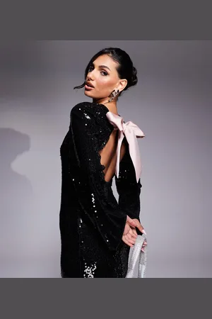 Kaiia X Sasha Corte exclusive wide sleeve sequin contrast satin tie bow back mini dress in black