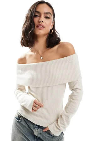 Brave Soul Ribbed off shoulder jumper in -White