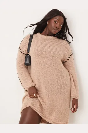 VILA Knitted jumper mini dress with contrast stitch in beige-Neutral