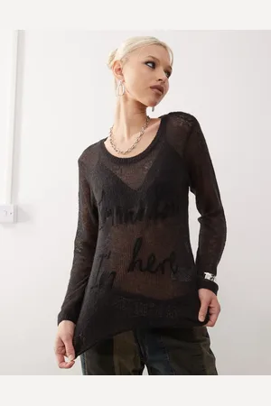 Monki Long sleeve graphic sheer knit top in