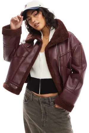 Bershka Shearling oversized jacket in -Red