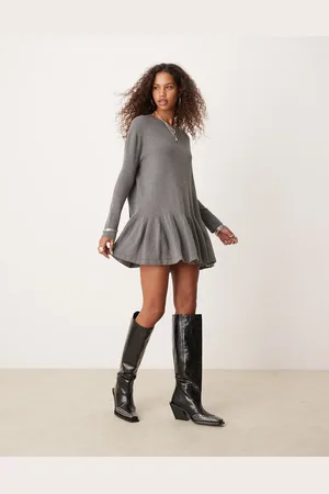 Free People Knitted mini ruffle hem mini dress in grey