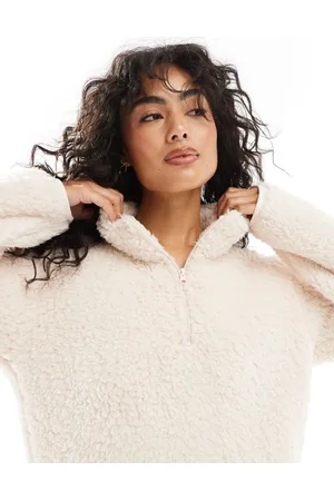 Loungeable Borg 1/4 zip jumper with wide leg pants in -White