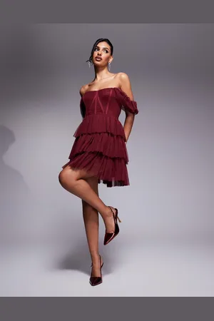 Lace & Beads Off shoulder corset tulle mini dress in -Red