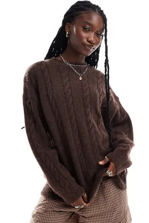 COLLUSION Oversized crew neck cable knit jumper in brown-Neutral