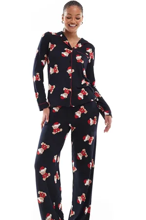 Chelsea Peers Chelsea Peers Exclusive Tall Christmas teddy print long sleeve revere shirt and pants pyjama set in