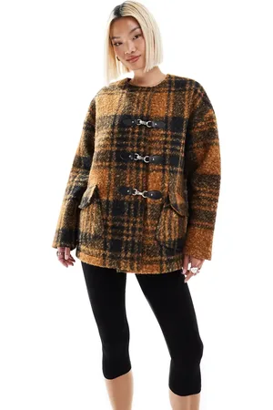 Native Youth Boucle toggle detail checked coat in orange and navy