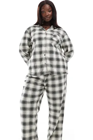 Loungeable Curve check micro fleece button long sleeve pyjama set in cream/black