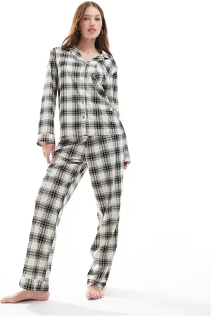 Loungeable Check micro fleece button long sleeve pyjama set in cream/black