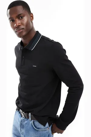 Calvin Klein Stretch pique tipped long sleeve polo in black