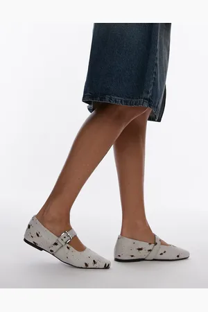Topshop Cyndi leather square toe ballet flats with buckle detail in cow print pony