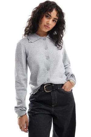 Object Polo cardigan with scalloped trim in light grey