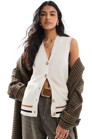 Object Intarsia knit longline waistcoat in oatmeal-White