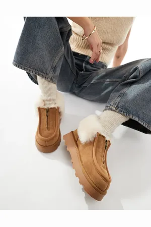 South Beach Real sheepskin zip up ankle boots in -Brown