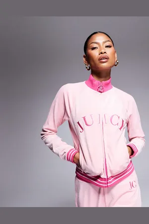Juicy Couture Velour collegiate high neck zip through sweatshirt in baby pink