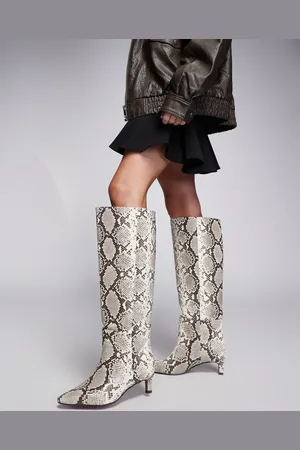 River Island Snakeskin print knee boots with low heel in -Neutral
