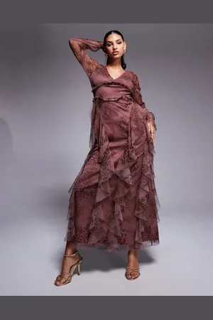 Lace & Beads Long sleeve ruffle maxi dress in -Red