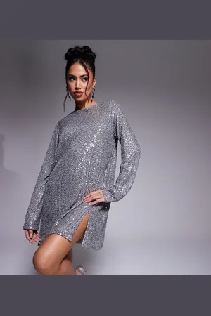 In The Style X Perrie Sian exclusive long sleeve shift sequin split hem mini dress in silver