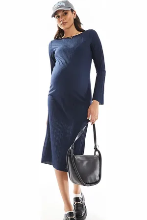 Mama;licious Mamalicious Maternity long sleeved plisse midi dress in navy