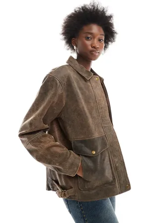 Urban Code Oversized vintage leather harrington jacket in deep brown