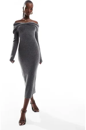 In The Style Knitted bardot twist midi jumper dress in -Grey